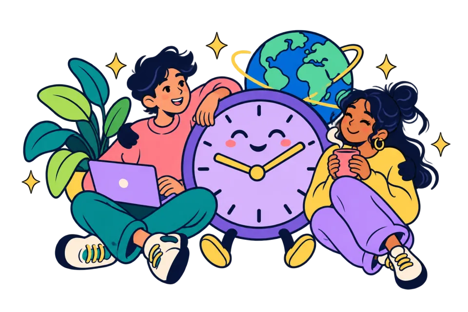 Two friendly people with a laptop and warm mug beside a smiling clock and globe
