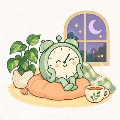 A friendly alarm clock with a cup of tea