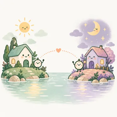 Two little houses connected by a dotted path