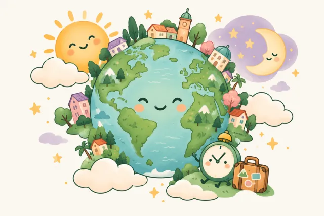 A smiling planet Earth surrounded by little houses